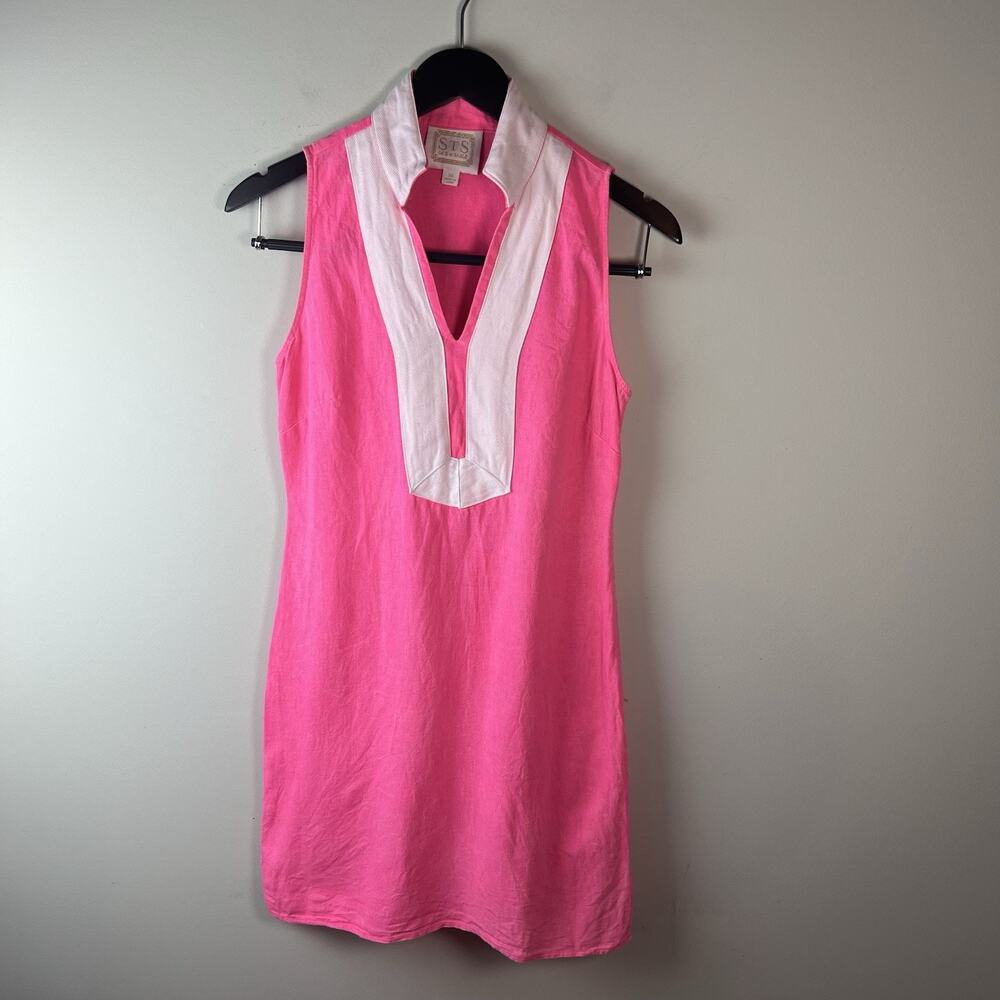 SAIL TO SABLE Linen Sleeveless Classic Tunic Dress Hot Pink Trim XS